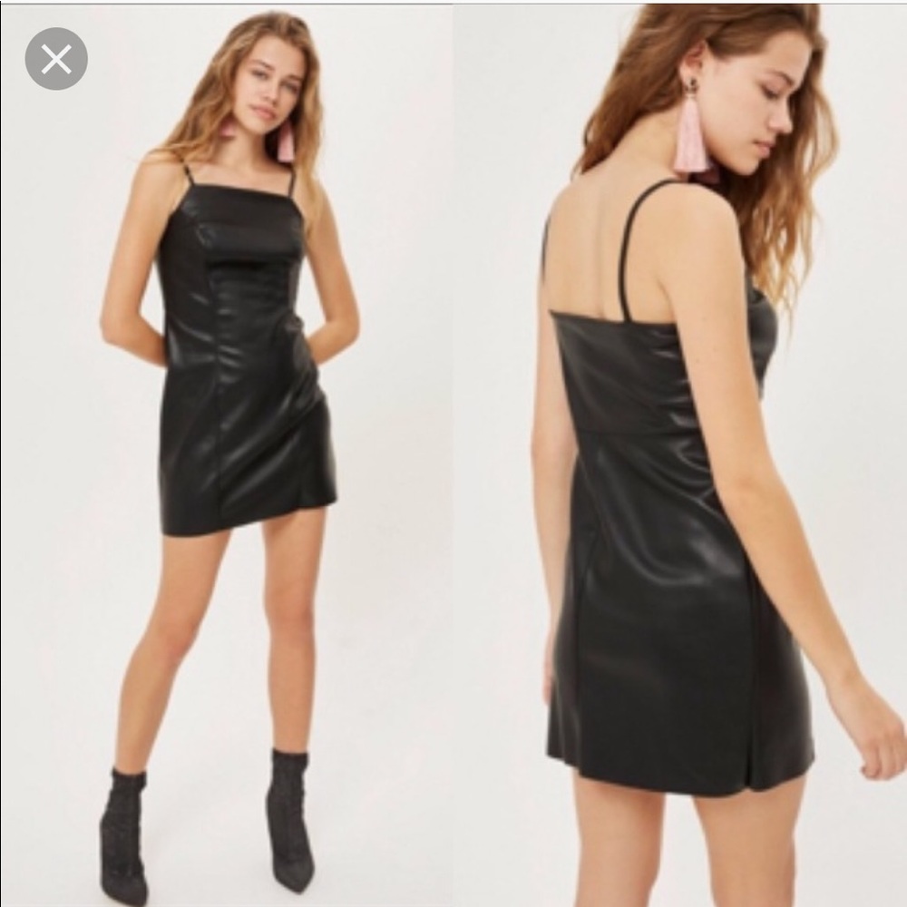 Topshop faux leather LBD black mini dress.